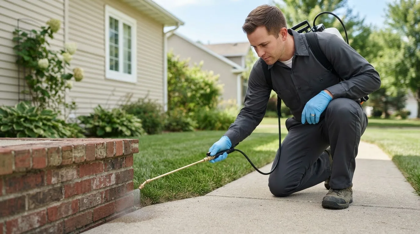 Pest control technician treating a home near Campbellsburg, KY